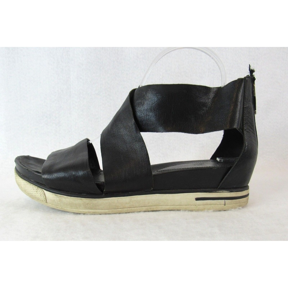 Eileen Fisher Sport Wedge Sneaker Sandal Black Leather Strap Zipper  SZ 9.5